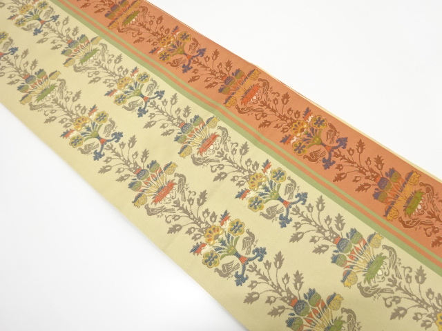 縞に花鳥更紗模様織り出し　袋帯